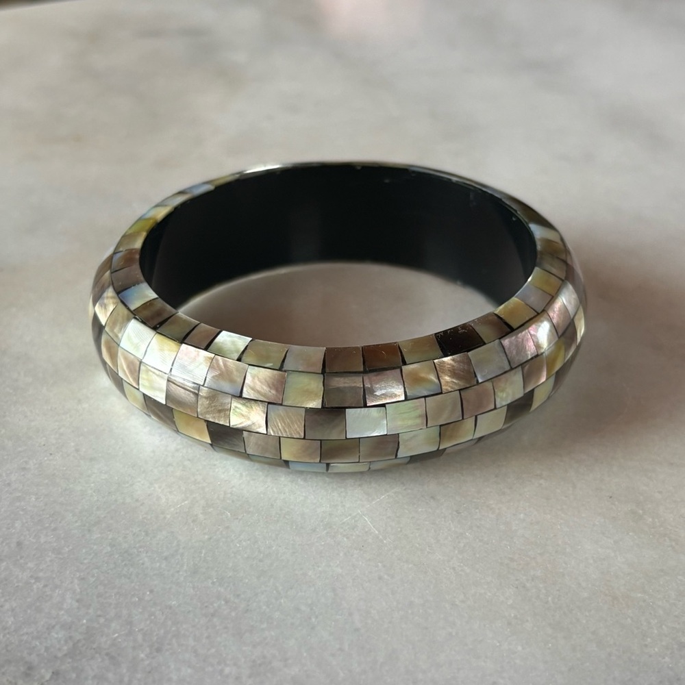 Vintage Abalone Mosaic Shell Bangle Bracelet